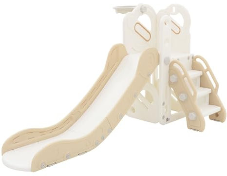 Joyz Torre Giochi 3 in 1 per Bambini Scivolo da Interno ed Esterno con Canestro da Basket Set in Plastica Bianco Beige Giocattolo per Bambini dai 3 Anni Struttura Gioco da Giardino