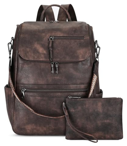 VINBAGGE Rucksack Damen Mittelgroß Cityrucksack Anti-Diebstahl Schultertasche Wasserdicht Leder Rucksackhandtasche Elegant Handtasche Tagesrucksack Frauen für Reisen Arbeit Schule - Kaffee