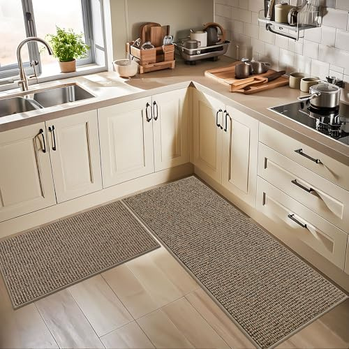 BEQHAUSE Küchenteppich, 2 Stück Küchenläufer, Küchenteppich Waschbar rutschfest, Wasseraufsaugend, Eignet Sich für Küche, Kühlschrank, Restaurant und Andere Orte, 60 * 89cm +60 * 152cm, Beige