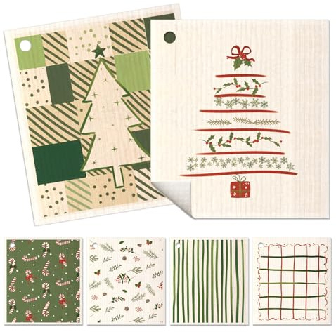 Miss Adola 6 Pack Christmas Swedish Dishcloths for Kitchen - Reusable Dish Cloths for Washing Dishes Absorbent Cute Holiday Kitchen Towels Cleaning Sponge, Green Xmas Theme