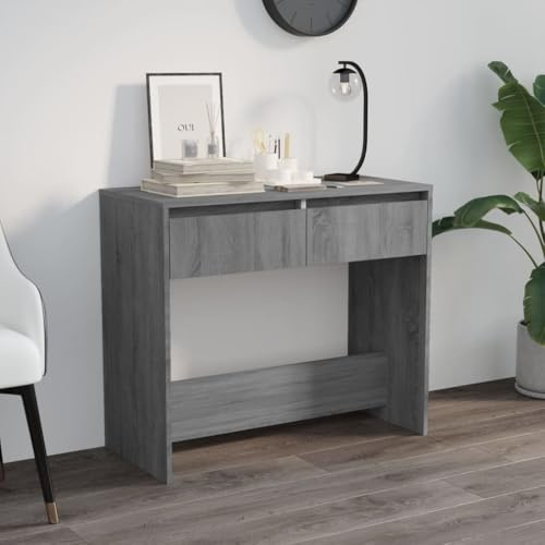 Makastle Table Console Fine avec 2 Tiroirs, Petite Table de Présentation, Bout de Canapé pour Couloir, Entrée, Salon, Sonoma Gris 89x41x76,5 cm Bois d'ingénierie