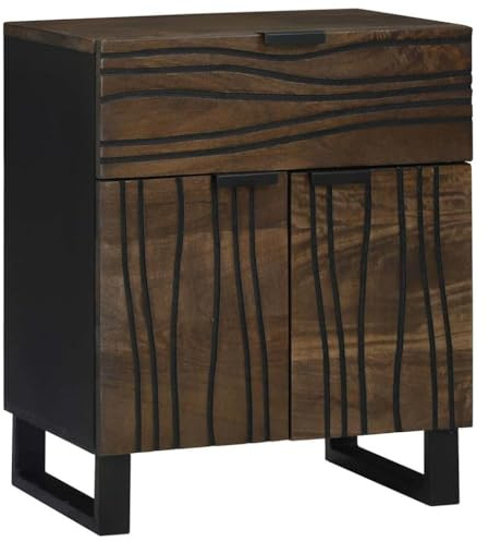 Table de chevet en bois de manguier massif avec tiroir et espace de rangement, design rustique avec pieds en fer, commode de chambre à coucher, noyer, 50 W x 33 D x 60 H cm
