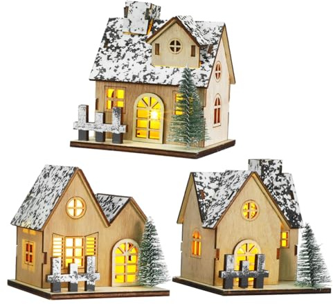 Gatuida 3pezzi Casetta di Legno Natalizia Luci LED Set di Villaggio Natale in Miniatura Decorazioni Artigianali per Centrotavola e Esposizione di Casa