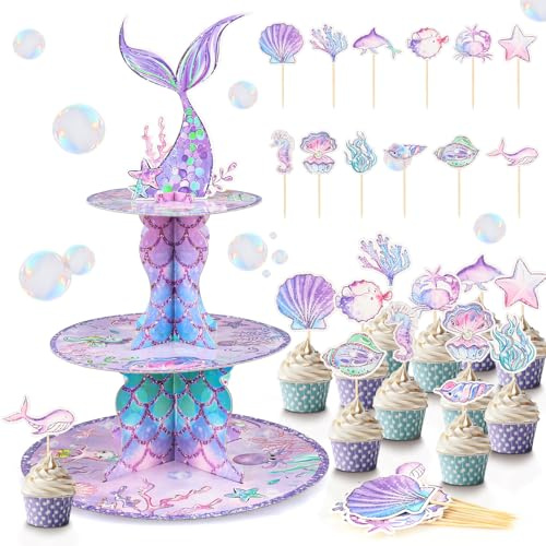 Dncvb Cupcake Ständer Meerjungfrau Muffin Ständer mit 12 Cupcake Toppers | Meerjungfrau Etagere Pappe Mädchen Muffinständer für Deko Geburtstag Tischdekoration