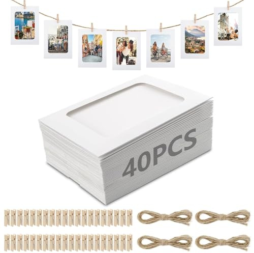 XHYASD 40 Fotogirlande Papierrahmen 10x15 cm Weiß Hanfseil Klammern | 40 Papierrahmen, 10x15 cm, weiß, 40 Wäscheklammern, 4 Hanfseile, für DIY Fotoleiste Wand Geburtstag Hochzeit