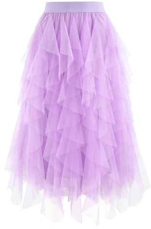 WERFORU Dam tyllkjol elastisk midja midikjol hög låg lager puffy fe kjolar tutu kjol, C-lila, XL