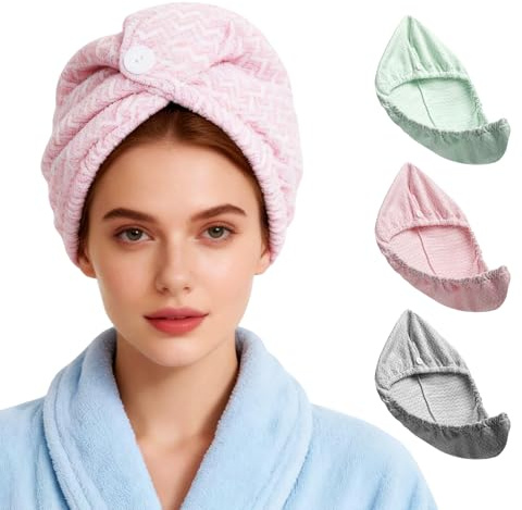 Vie Triomphe 3er-Pack Trockenhauben, Schnelltrocknend Leicht Super Saugfähig WeichesHaartuch für Damen und Herren (Minzgrün + Grauweiß + Kirschblütenrosa) Mikrofaser-Haartuch Haarpflege-Turban