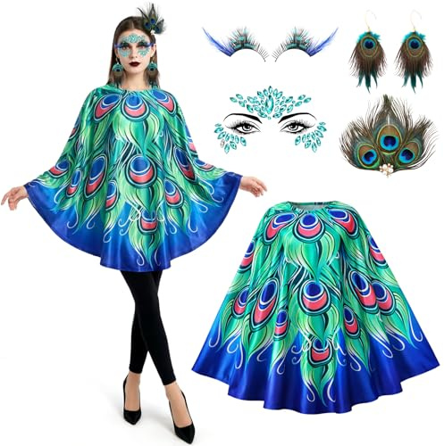 5PCS Pfau Kostüm Damen, Pfau Haarschmuck Poncho Falsche Wimpern Feder Ohrringe Glitzersteine Gesicht, Pfauenkostüm Karneval Kostüm Damen Pfauen Faschingskostüm für Halloween Karneval Maskerade Cosplay