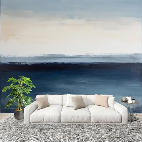 Mural Papel Pintado 3D 300x210 cm Abstracto Océano Montañas Fotomurales Tejido No Tejido Antiarrugas Póster Azul oscuro Murales Fotográfico Moderno Decoración de Paredes