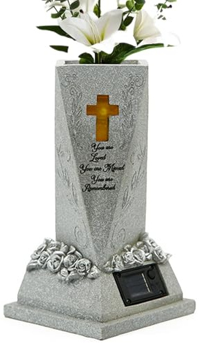 Jarrón para cementerio solar – Decoración sepulcral envejecida blanca | Jarrón conmemorativo de resina con luz, regalo para un familiar de un amigo de luto, Vàaso er regalo de pérdida para la