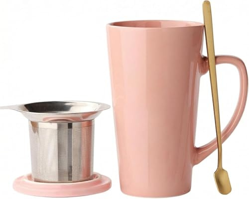 LOAMCRAF 15 Ounce Porcelain Tea Mug with Infuser, Lid and Spoon, Loose Leaf Tea Cup (Pink)