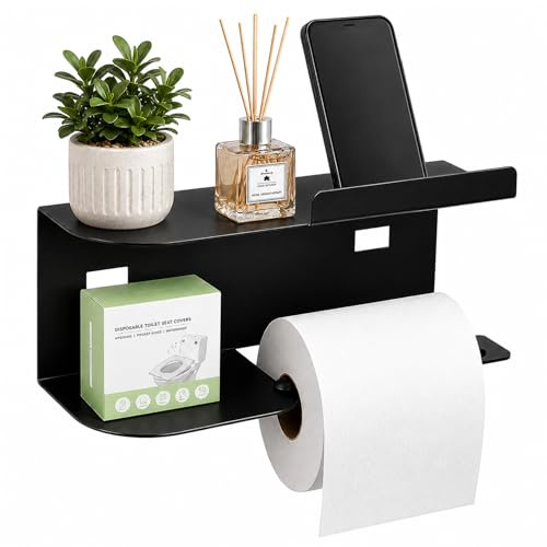 Diboniur Porta Carta Igienica con Ripiano, Portarotolo Carta Igienica, Autoadesivo, Senza Foratura, Acciaio al Carbonio Verniciato, per Bagno