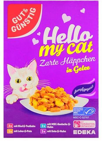Edeka Gut & Günstig Hello My Cat Zarte Häppchen in Geele 4 Sorten Katzenfutter, 4er Pack (4 x 1.2 kg)