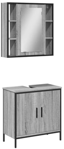 GeenYuu 2-TLG. Badmöbel-Set Grau Sonoma Holzwerkstoff mit Spiegelschrank und Waschbeckenunterschrank, Stauraum Möbelset für Badezimmer, platzsparend, robust, mit Ablage und Tür