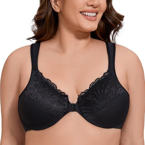 MELENECA Front Fastening Bras for Women Plus Size Underwire Unlined Lace Cup Cushion Strap Black 38DD