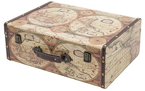 HMF VKO104 Vintage Koffer aus Holz | 44 x 32 x 16 cm | Groß | Deko Weltkarte Farbe
