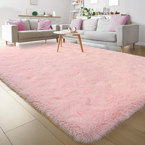 Keeko Fluffy Pink Area Rugs for Bedroom Girls Room, 6x9 Cute Shag Fuzzy Large Kids Room Rugs Living Room Soft Furry Bedroom Carpet Indoor Bedside Rug for Nursery Teen Baby Dorm Decor