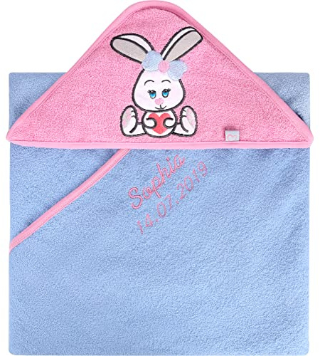 Be Mammy Kapuzenhandtuch Babyhandtuch aus Baumwolle Bestickt mit Name und Geburtsdatum Oeko-Tex Standard 100 100cm x 100cm BE20-281-BBL (Hellblau - Hase)