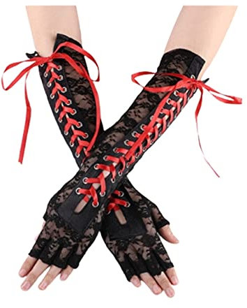 sararui Guanti Donne Sexy Pizzo Guanti Lunghi Inverno Guanti Inverno Guanti a Mezzaluna Guanti Nastro Dire Fingerless Fishnet Mesh Etichette Party Goth Guanti Goth Guanti Invernali