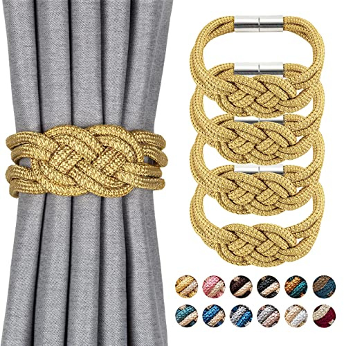 Pretty Jolly 4 Stück Starke Magnetische Raffhalter für Vorhänge, Dekorative Vorhang-Raffhalter, Handgewebtes Seil, Knoten-Vorhanghalter für Zuhause und Büro, Fenstervorhänge (Gold)