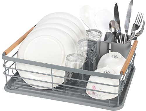 Vinsani Deluxe Dish Drainer Drying Rack with Wooden Handles Drip Tray Draining Board and Removable Cutlery Holder, Minimalist Dish Rack, 42.5 x 30.5 x 14cm (Grey)
