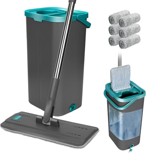Masthome Mocio Lavapavimenti e Secchio Strizzatore, Mocio Piatto Doppio Secchio con 6 Cuscinetti in Microfibra, Mocio Rotante a 360° e Secchio per Pulizia Pavimenti in Parquet, Legno, Ceramica,Grigio