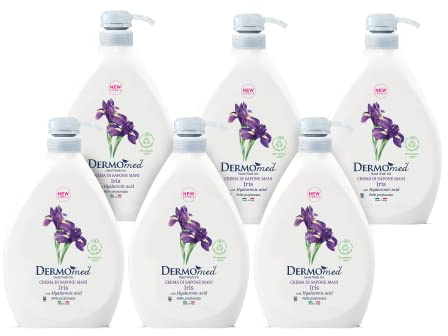 Dermomed, Crema di Sapone Mani Iris, Rispetta la Pelle Rendendola Profumata e Morbida, con Acido Ialuronico, pH Neutro, Made in Italy, Dermatologicamente Testato, 6 Dispenser da 1L