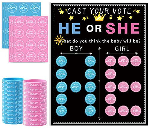 Decoración de Revelar Género, 1 Revelación de Género Póster de Voto, 20 Pulseras Revelación de Genéro, 72 Pegatinas Revelación de Genéro, para Boy or Girl Actividades de Fiesta de Bautizo Baby Shower