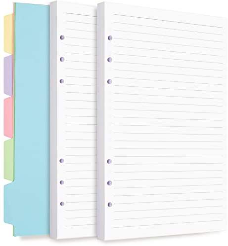 A5 Refill Paper, Planner Inserts for A5 Binder Budget Planner Journals Notebook, 6 Ring Loose Leaf Lined Paper with Binder Dividers, 240 Pages (White)