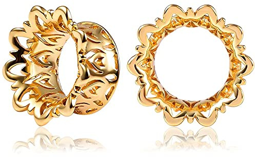 Vankula Ohr Tunnel 1 Paar Double Flared Flesh Plugs Hohl Blume für männer damen Ohrpiercing Gestreckte Schmuck 14mm(9/16) Gold