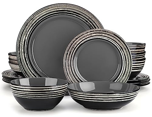vancasso Dinner Sets, Stoneware Vintage Look Plates and Bowls Set, 16-Piece Dinner Set for 4, Include Dinner Plate, Dessert Plate, Pasta Bowl and Cereal Bowl, Arbre Grey