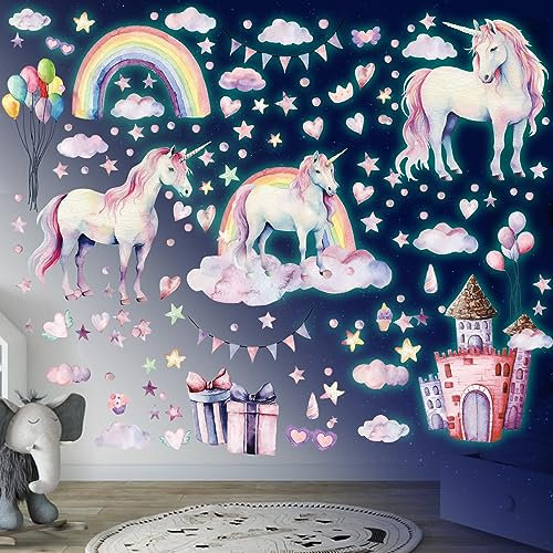 Licorne Etoiles Phosphorescentes Plafond Licorne Château Etoiles Fluorescente Lumineuse Arc en Ciel Autocollants Stickers Muraux Décoration pour Enfants et Fille Chambre Vert