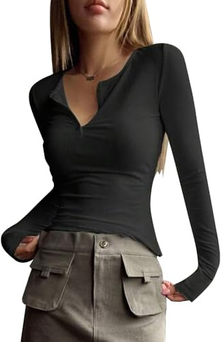 T-Shirt col V à Manches Longues pour Femmes Ample Décontracté Henley Chemisier Tunique Tops Bouton Blouses (Noir M)