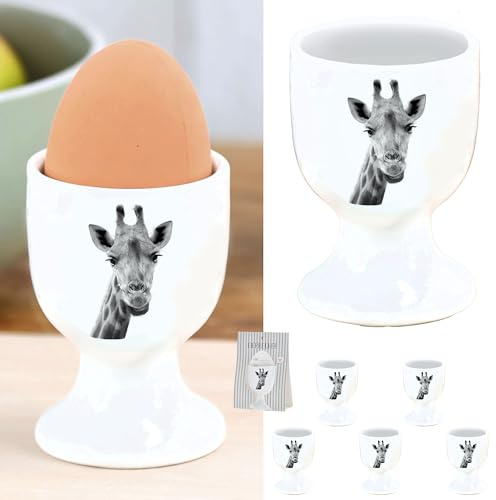 Cepewa Lot de 6 coquetiers « girafe » | Porcelaine blanche 5 x 7 cm | Support pour œufs imprimé motif animal (1 lot de 6 coquetiers girafe)