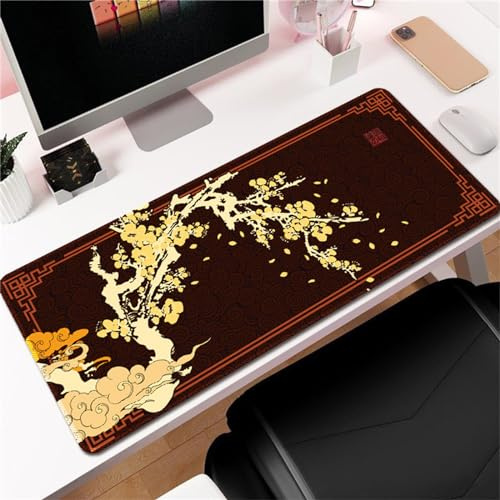 Hixingo Fleur de Prunier du Japon Tapis de Souris XXL, Tapis de Souris Gamer, Tapis Souris avec Bords Cousus, Tapis de Souris en Base Antidérapante Convient Gaming, Maison (1000x500x3mm,Jaune)