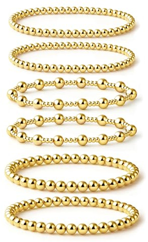 HERIER Gold Bracelets for Women 14K Gold Plated Stretch Gold Beaded Bracelets for Women Trendy Stackable Bead Ball Bracelet Gold Jewelry