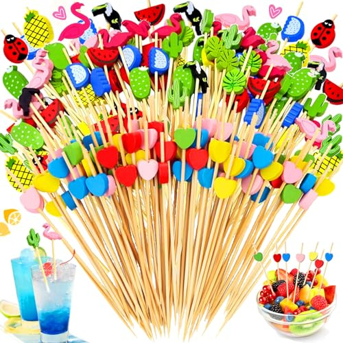 Dtoterul 200 Stück Cocktailspieße, Cocktail Sticks Picks Holz, Fingerfood Spieße, Holz Zahnstocher Mit Niedlicher Deko, Cocktail Zubehör Deko Set, Mit Herz, Rosa Flamingo, Gut für Bar, Party(Bunt)