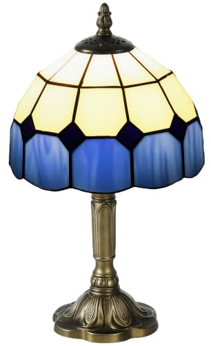 HOMCOM Handmade Stained Glass Table Lamp Tiffany-Style Bedside Lamp Blue | for Bedroom, Living Room, Home Office, Nightstand, Decorative Night Light