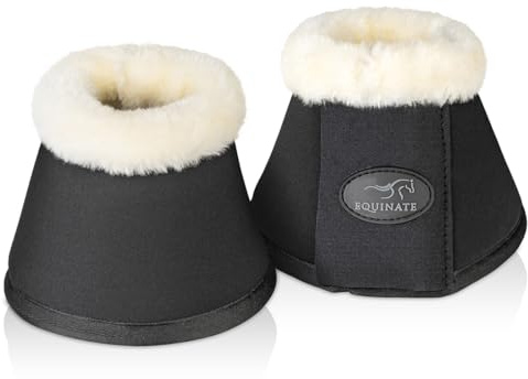 Equinate Hufglocken Furlyn mit synthetischem Lammfell XL Schwarz - Robuste und stoßdämpfende Neopren Springglocken - Hufschutz für Training und Turniere - 2er Set
