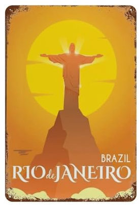 DBKGHIEDHG Brasilien Rio de Janeiro Statue Christi Sonnenaufgang, Retro-Blechschild aus Metall, Vintage-Schild für Zuhause, Kaffee, Wanddekoration (20 x 30 cm - 602)