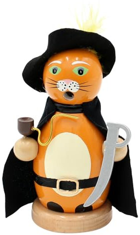 Holz Räuchermann, Räucherfigur, Rauchfigur, Räuchermännchen als Märchenfigur Kater mit Umhang, Schwert und Hut mit Feder in braun, L/B/H 8 x 8 x 13 cm.