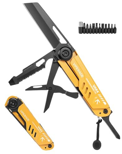 VIPERADE VAK4 EDC 12-IN-1 Multitool Pocket Knife con 11 punte per cacciavite, design di bloccaggio di sicurezza, forbici a molla, fodero resistente per all'aperto, campeggio, sopravvivenza (Giallo)
