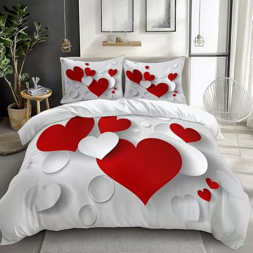 Set Copripiumino 180 x 220 cm Stampa Tema Romantico a Forma di Cuore, Biancheria di Lusso in Qualità da Hotel Morbida e Leggera, Copripiumino con Tema Romantico Piumone con Chiusura a Cerniera