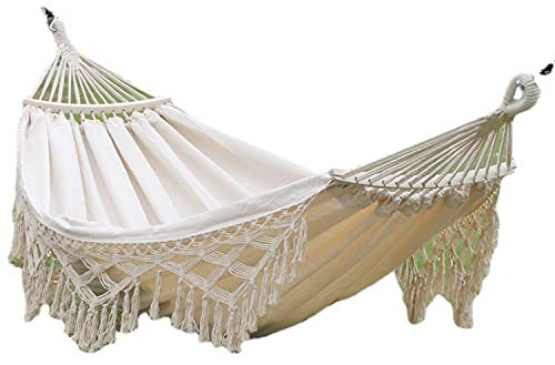 Weiße Hängematte aus Segeltuch mit Makramee, ideal für Camping, Innen- und Außenbereich, Terrasse, Veranda, Schlafzimmer, Strand, bequem und stilvoll