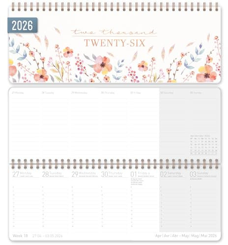 Häfft® Internationaler Tischkalender 2026 quer 'Sweet Flowers' 1 Woche 2 Seiten, Wochenkalender 29,8 x 11,6 cm, mehrsprachiges Kalendarium - nachhaltig und klimafreundlich
