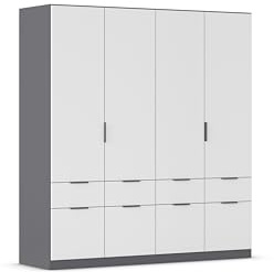 Rauch Möbel Dundee, Kleiderschrank, Farbe Weiß/Grau metallic, Breite 181 cm | Schrank, Mehrzweckschrank 4-türig, 8 Schubladen, für Schlafzimmer, Kinderzimmer, Homeoffice, Garderobe, Flur