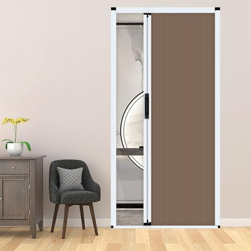 Porte Accordéon Interieur, Porte Coulissante Pliante, Porte de Douche Placard Accordeon avec Tissu Cellulaire et Cadre en Aluminium, Porte de Séparation de Pièce Sans Perçage(Brun,111.7x203 cm)