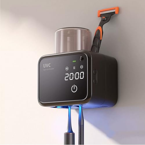 Maxspace Zahnbürstenhalter, UV Zahnbürste Sterilisator zur Wandmontage mit Trocknen, Timer-Funktion, Desinfektions Zahnputzbecherhalter Ohne Bohren mit 2 Zahnbürstenschlitzen (Schwarz)