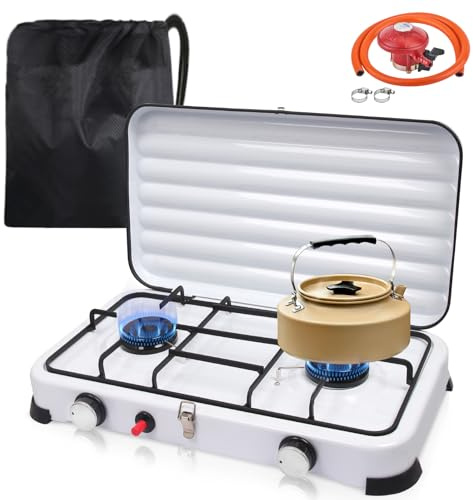 Inoamity Fornello Gas GPL da Campeggio Portatile 2 Fuochi, 4,4kW con Accensione Automatica, Controllo Temperatura,Compatto per Escursioni, BBQ e Viaggi in Camper - Kit Completo con Tubo e Regolatore