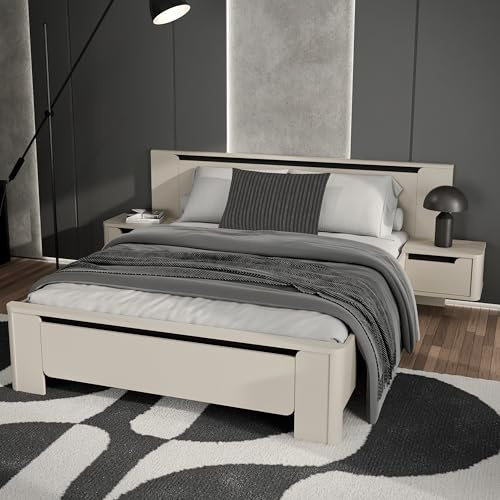 Forte VODOL Bettgestell 160 x 200 cm, modernes Bett mit integrierten Nachtschränken, Holzwerkstoff, Kaschmir|Beige, 256,5 cm breit x 94 cm hoch x 215,2 cm tief